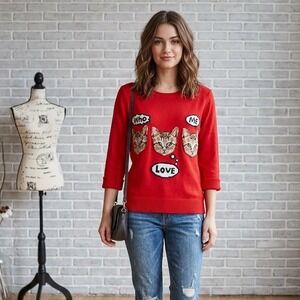 Xhilaration Red Cat Graphic Sweater Who Me Love 3/4 Sleeve Knit Top Large